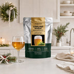 Cozy European kitchen lifestyle shot with SEVVS Longjing Wheat Beer brew kit, frothy homemade tea wheat beer glass and fresh Longjing tea, minimalist home DIY craft beer brewing scene