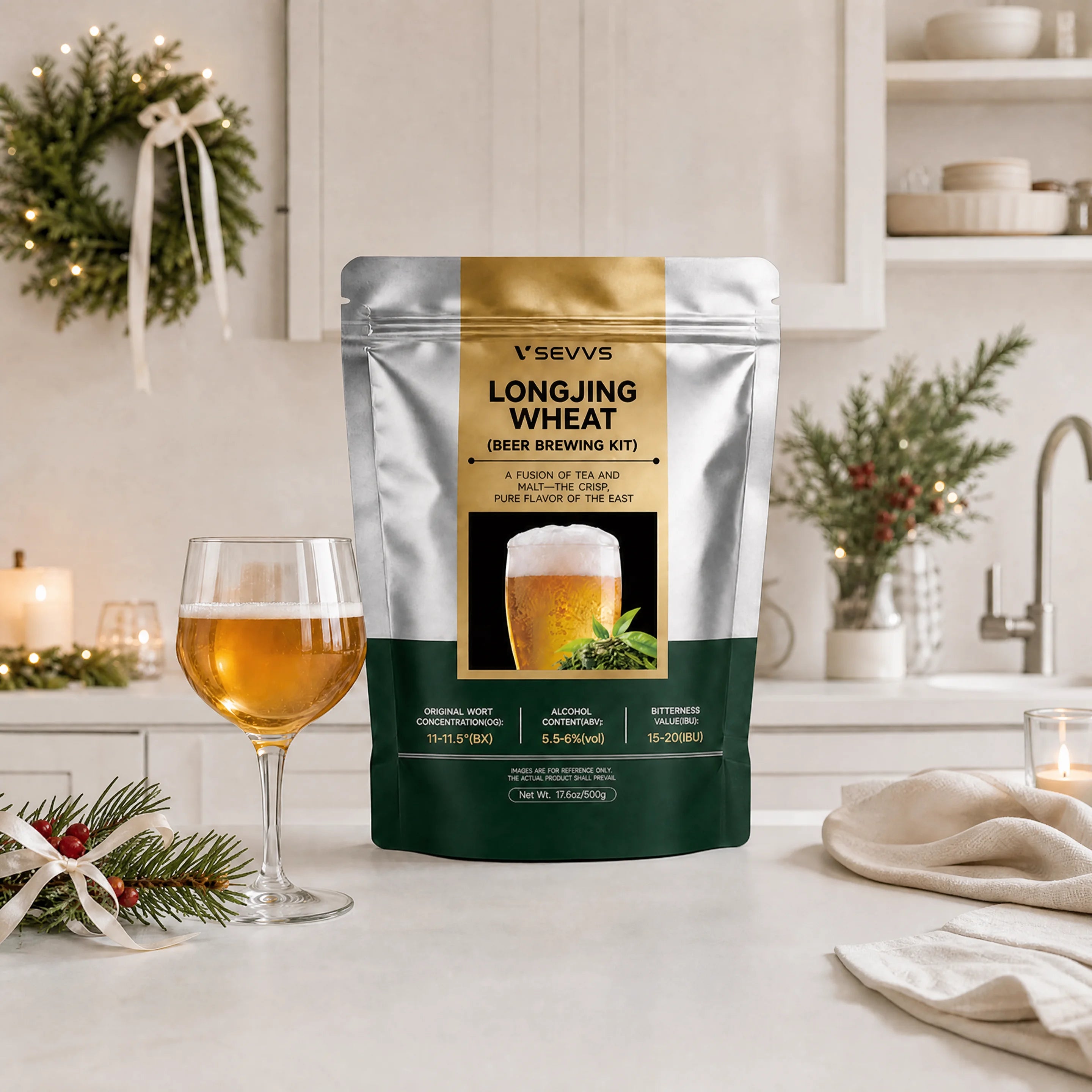 Cozy European kitchen lifestyle shot with SEVVS Longjing Wheat Beer brew kit, frothy homemade tea wheat beer glass and fresh Longjing tea, minimalist home DIY craft beer brewing scene