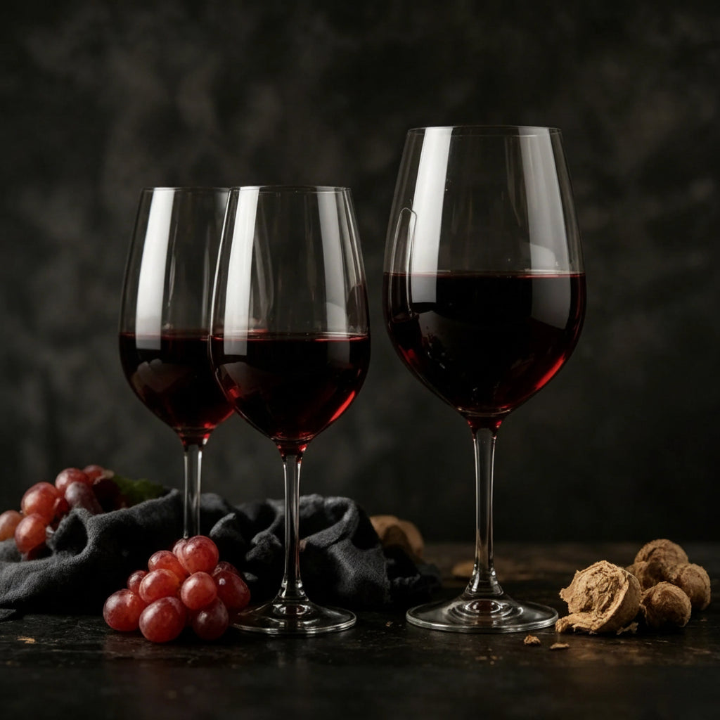 1:1 dark moody studio shot of red wine glasses filled with blackcurrant sparkling drink, fresh red grapes and malt on dark table, SEVVS fruit home brewing scene