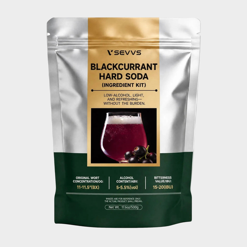 SEVVS Blackcurrant Hard Soda ingredient foil stand-up pouch, silver dark green packaging, glass of deep purple sparkling blackcurrant hard soda with fresh blackcurrants, 500g DIY home low-alcohol brewing kit