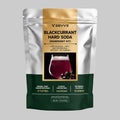 SEVVS Blackcurrant Hard Soda ingredient foil stand-up pouch, silver dark green packaging, glass of deep purple sparkling blackcurrant hard soda with fresh blackcurrants, 500g DIY home low-alcohol brewing kit