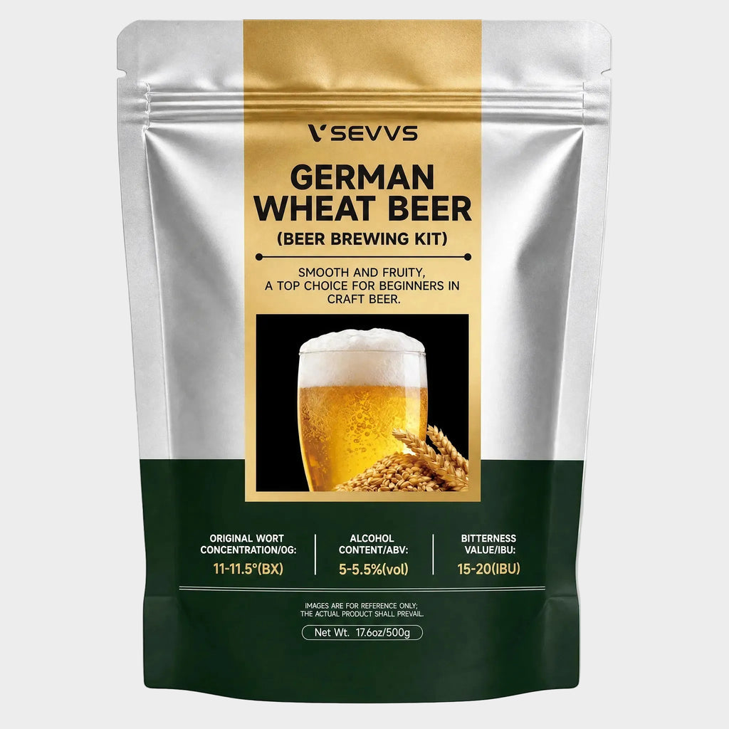 SEVVS German Wheat Beer brewing foil stand-up pouch, silver dark green packaging, glass of golden frothy German wheat beer with fresh wheat grains, 500g beginner-friendly home craft beer brewing kit