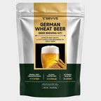 SEVVS German Wheat Beer brewing foil stand-up pouch, silver dark green packaging, glass of golden frothy German wheat beer with fresh wheat grains, 500g beginner-friendly home craft beer brewing kit