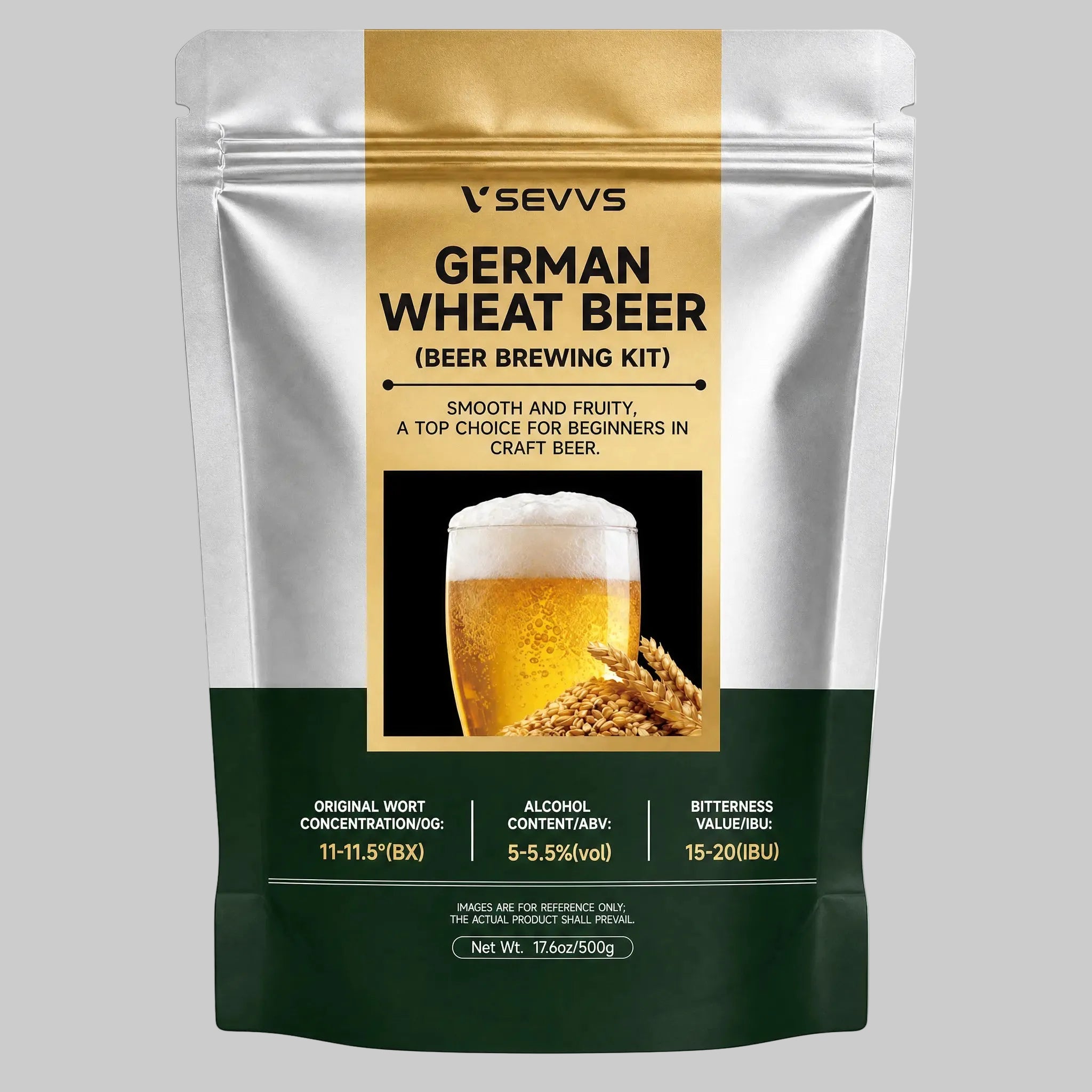 SEVVS German Wheat Beer brewing foil stand-up pouch, silver dark green packaging, glass of golden frothy German wheat beer with fresh wheat grains, 500g beginner-friendly home craft beer brewing kit