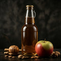 1:1 dark moody photo of glass bottled homemade apple hard cider, fresh apple, honey dipper and malt grains, SEVVS DIY fruit brewing scene