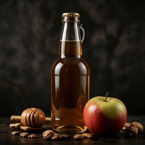 1:1 dark moody photo of glass bottled homemade apple hard cider, fresh apple, honey dipper and malt grains, SEVVS DIY fruit brewing scene