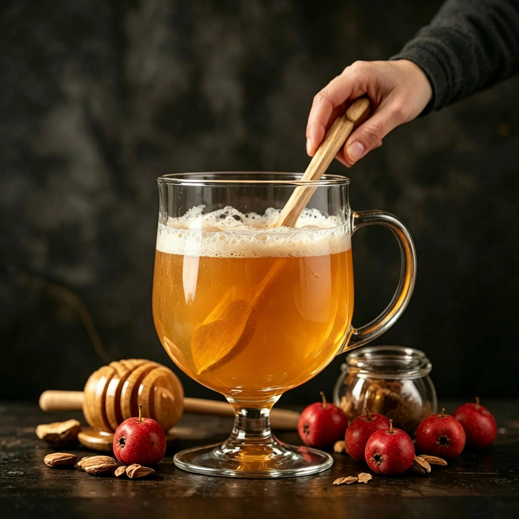 1:1 dark moody photo of glass mug filled with golden hawthorn wine, fresh hawthorn berries and honey dipper, SEVVS DIY fruit brewing scene