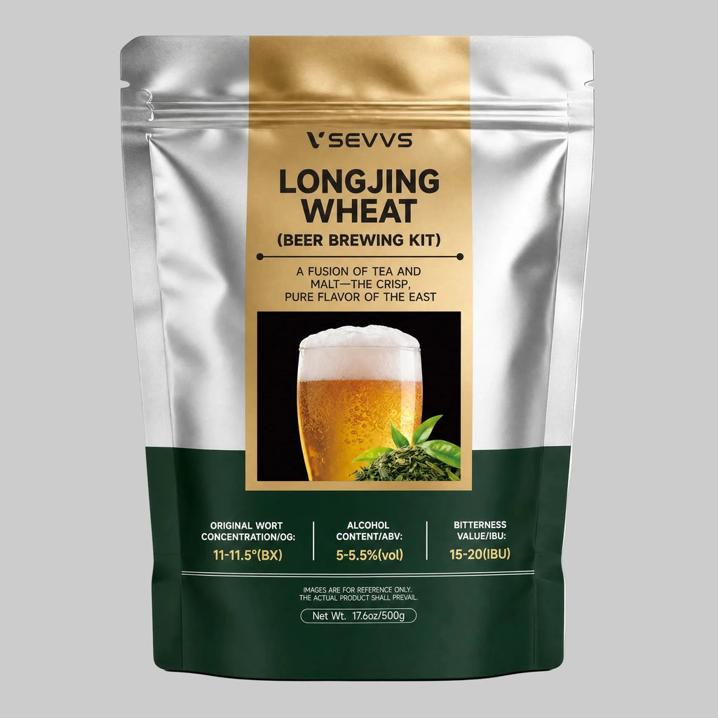 SEVVS Longjing Wheat Beer brewing foil stand-up pouch, silver dark green packaging, glass of golden frothy wheat beer with fresh Longjing green tea leaves, 500g oriental craft beer home brewing kit