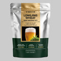 SEVVS Longjing Wheat Beer brewing foil stand-up pouch, silver dark green packaging, glass of golden frothy wheat beer with fresh Longjing green tea leaves, 500g oriental craft beer home brewing kit