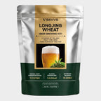 SEVVS Longjing Wheat Beer brewing foil stand-up pouch, silver dark green packaging, glass of golden frothy wheat beer with fresh Longjing green tea leaves, 500g oriental craft beer home brewing kit