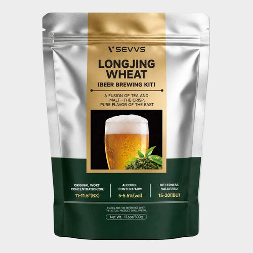 SEVVS Longjing Wheat Beer brewing foil stand-up pouch, silver dark green packaging, glass of golden frothy wheat beer with fresh Longjing green tea leaves, 500g oriental craft beer home brewing kit