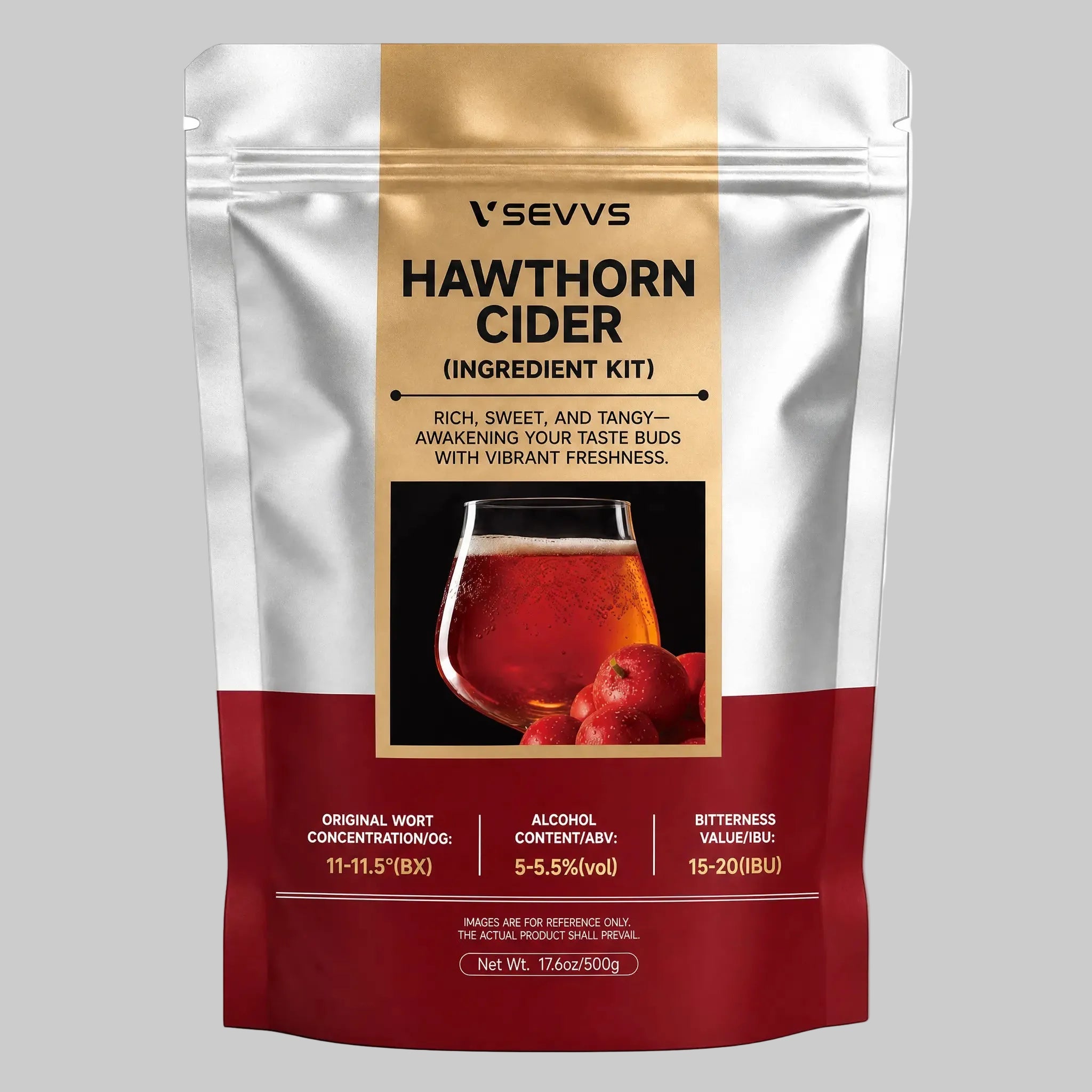 VSEVVS Hawthorn Cider ingredient stand-up foil pouch, silver burgundy packaging, homemade red hawthorn cider glass with fresh hawthorn berries, 500g home fruit wine brewing kit