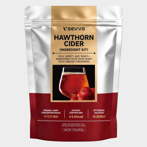 VSEVVS Hawthorn Cider ingredient stand-up foil pouch, silver burgundy packaging, homemade red hawthorn cider glass with fresh hawthorn berries, 500g home fruit wine brewing kit